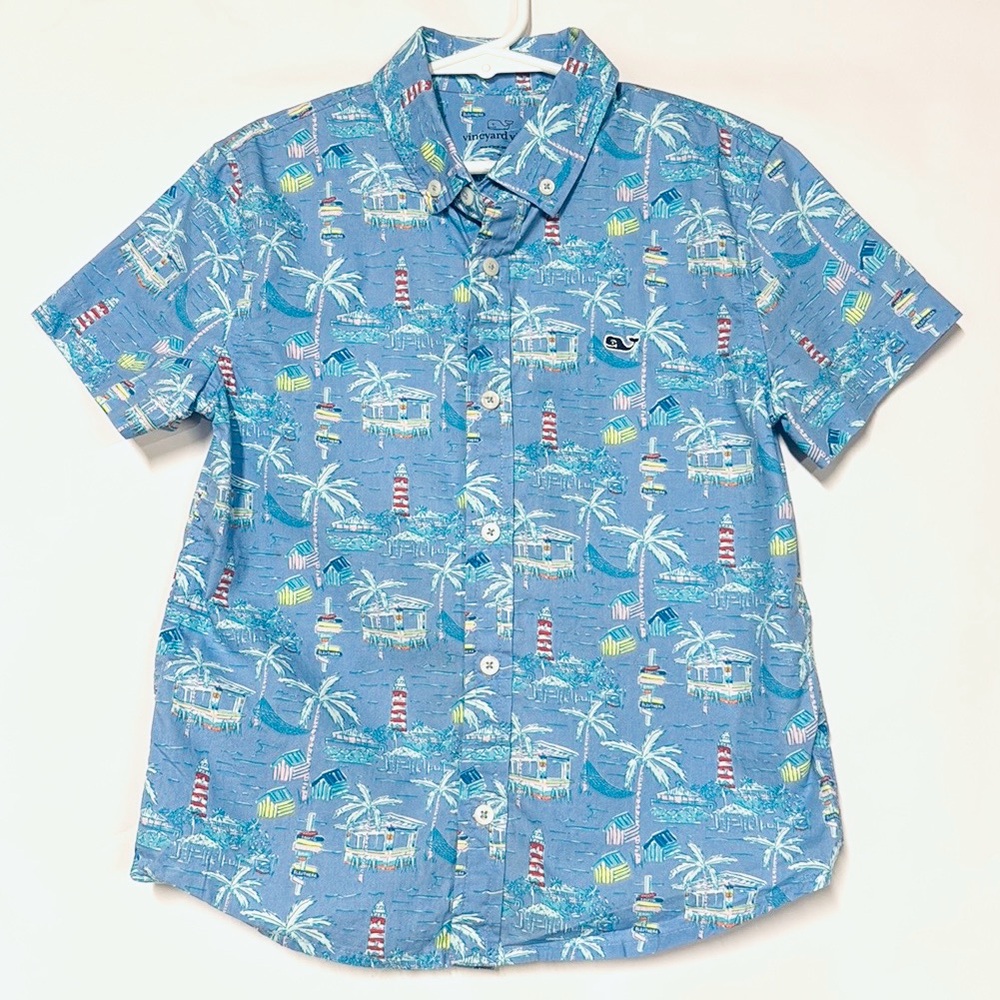 EUC Vineyard Vines Boys Shirt Sz 7 Palms Bahamas Scene Short Sleeve Button Down